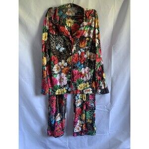 Johnny Was Cotton Pajama Set Women M Floral Cheetah Print Long Sleeve